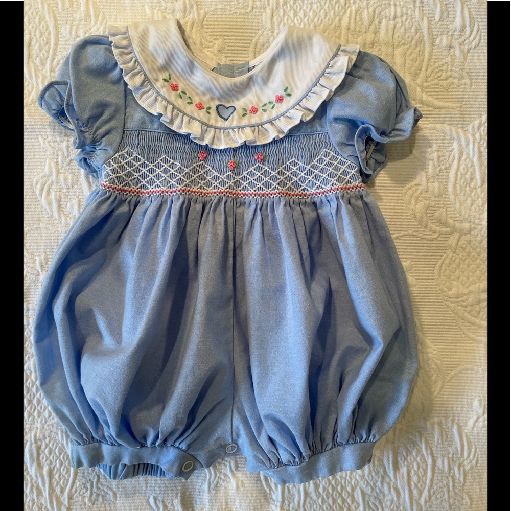 Allison Ann Bubble, or Romper, infant size 0-3 months, with smocked styling.